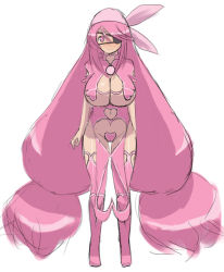 Rule 34 | 1girl, big hair, blush, breasts, china dress, chinese clothes, cleavage, cleavage cutout, clothing cutout, creatures (company), dress, eyepatch, furuaki, game freak, gen 3 pokemon, head scarf, heart, large breasts, long hair, low twintails, luvdisc, maebari, navel, navel cutout, nintendo, personification, pink dress, pink eyes, pink hair, pink thighhighs, pokemon, pokemon rse, revealing clothes, side slit, smile, standing, thighhighs, twintails, white background