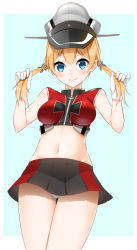 Rule 34 | 10s, 1girl, alternate costume, anchor hair ornament, blonde hair, blue eyes, gloves, hair ornament, hat, kantai collection, looking at viewer, midriff, navel, panties, pantyshot, pleated skirt, prinz eugen (kancolle), skirt, smile, solo, twintails, underwear, white panties, yasuto (eria151)