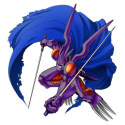 Rule 34 | armor, cape, claws, digimon, dual wielding, grademon (vice), holding, red eyes, sword, weapon