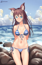Rule 34 | 1girl, abs, animal ear fluff, animal ears, arms behind back, beach, bikini, blue bikini, blue eyes, blue sky, blurry, blurry background, blush, breasts, breasts apart, brown hair, cloud, collarbone, cowboy shot, day, depth of field, embarrassed, front-tie bikini top, front-tie top, gluteal fold, hair between eyes, halterneck, highres, hip focus, holding own arm, horizon, long hair, looking at viewer, medium breasts, navel, nose blush, ocean, original, outdoors, parted bangs, pinky out, rock, shiny skin, side-tie bikini bottom, signature, skindentation, sky, smile, solo, standing, straight hair, string bikini, striped bikini, striped clothes, swimsuit, toned, water, weibo logo, weibo watermark, white bikini, xiaoxi0619