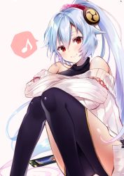 Rule 34 | 1girl, absurdres, bare shoulders, blue hair, blush, cellphone, collarbone, fate/grand order, fate (series), feet out of frame, felnemo, gradient hair, hair between eyes, hair ornament, hair scrunchie, highres, knees together feet apart, knees up, long hair, long sleeves, looking at viewer, multicolored hair, musical note, off-shoulder sweater, off shoulder, phone, ponytail, red eyes, ribbed sweater, scrunchie, silver hair, sitting, smartphone, smile, solo, spoken musical note, sweater, thighs, tomoe gozen (fate), very long hair