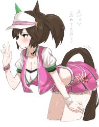 Rule 34 | 1girl, absurdres, animal ears, blush, breasts, brown hair, cleavage, closed mouth, clothing cutout, commentary, cowboy shot, crop top, cropped jacket, ear covers, green eyes, hand on own thigh, hat, highres, horse ears, horse girl, horse tail, ines fujin (umamusume), jacket, kumiyabe, large breasts, leaning, medium hair, open clothes, open jacket, pink jacket, pink skirt, puffy short sleeves, puffy sleeves, short sleeves, side ponytail, simple background, single ear cover, skirt, solo, sweat, tail, tail through clothes, translated, umamusume, visor cap, waving, white background, white hat, wristband