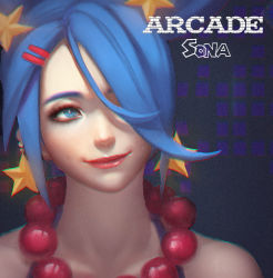 Rule 34 | 1girl, arcade sona, blue eyes, blue hair, cjh123456, earrings, hair ornament, hairclip, jewelry, league of legends, matching hair/eyes, necklace, simple background, smile, solo, sona (league of legends)