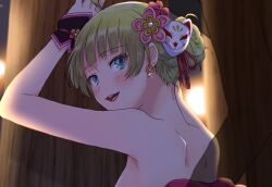 Rule 34 | 1girl, 1other, aqua eyes, arms up, black wristband, blunt bangs, blush, breasts, commentary request, commission, earrings, eyelashes, festival, flower, flower earrings, fox mask, from behind, green hair, hair bun, hair flower, hair ornament, head out of frame, highres, idolmaster, idolmaster million live!, implied sex, jewelry, looking at viewer, looking back, mask, mask on head, night, nude, open mouth, outdoors, pink flower, shimabara elena, short hair, shoulder blades, sideboob, silhouette, single side bun, skeb commission, smile, solo focus, teeth, upper body, upper teeth only, white mask, witoi (roa)
