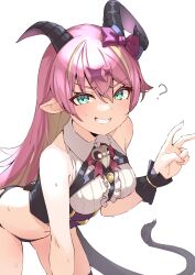 Rule 34 | 1girl, absurdres, black panties, breasts, green eyes, grin, hair between eyes, hand up, highres, hololive, horns, long hair, looking at viewer, mano aloe, panties, pink hair, shirt, simple background, sleeveless, sleeveless shirt, smile, solo, tail, teeth, thighs, underwear, valefal coneri, virtual youtuber, white background, white shirt