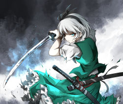 Rule 34 | 1girl, :/, absurdres, aqua eyes, arms up, commentary request, cowboy shot, expressionless, fighting stance, from side, green skirt, green vest, hair ribbon, highres, holding, holding sword, holding weapon, katana, konpaku youmu, light particles, looking at viewer, pale skin, partial commentary, petticoat, puffy short sleeves, puffy sleeves, ribbon, scabbard, serious, sheath, shimoda masaya, shirt, short hair, short sleeves, sideways glance, silver hair, skirt, smoke, solo, standing, sword, torn clothes, touhou, vest, weapon, white shirt, wind, wind lift