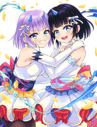 Rule 34 | 2girls, absurdres, akirappy, armpits, black hair, breasts, elbow gloves, fuujin (monster strike), gloves, highres, large breasts, mole, mole under mouth, monster strike, multiple girls, pantyhose, raijin (monster strike), simple background, smile, thighs, wedding, white gloves, white hair, yuri