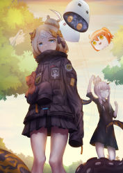 Rule 34 | 2girls, abigail williams (fate), abigail williams (traveling outfit) (fate), absurdres, arm up, balloon, black bow, black dress, black jacket, blonde hair, blue eyes, bow, closed mouth, cloud, commentary request, crossed bandaids, dress, fate/grand order, fate (series), fujimaru ritsuka (female), hair between eyes, hair bow, hair bun, highres, holding, holding balloon, jacket, lavinia whateley (fate), long hair, long sleeves, looking at viewer, medjed (fate), multiple girls, hugging object, official alternate costume, orange bow, outdoors, pale skin, parted bangs, parted lips, polka dot, polka dot bow, red eyes, samc, short sleeves, sidelocks, silver hair, single hair bun, sky, sleeves past fingers, sleeves past wrists, standing, star (symbol), stuffed animal, stuffed toy, suction cups, sunset, teddy bear, tentacles, tree