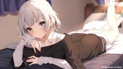Rule 34 | 1girl, bang dream!, bang dream! it&#039;s mygo!!!!!, bed, bedroom, black shirt, blue eyes, collarbone, copyright name, guest art, heterochromia, indoors, jun (aousa0328), kaname raana, long sleeves, looking at viewer, lying, official art, on bed, on stomach, second-party source, shirt, short hair, socks, solo, sunlight, the pose, white hair, white shirt, white socks, yellow eyes