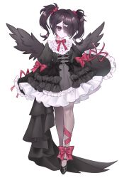Rule 34 | 1girl, absurdres, ame-chan (needy girl overdose), black dress, black eyes, black hair, black wings, bow, closed mouth, commentary, dress, feathered wings, frilled dress, frills, full body, gothic lolita, hair over one eye, highres, lolita fashion, long hair, long sleeves, mew (mewrurirun), needy girl overdose, pantyhose, puffy long sleeves, puffy sleeves, red bow, red ribbon, ribbon, simple background, solo, standing, twintails, white background, wings