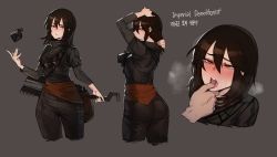 Rule 34 | 1girl, ass, bad id, bad pixiv id, black jacket, black pants, blush, brown hair, cropped legs, explosive, finger in another&#039;s mouth, grabbing another&#039;s chin, grenade, hair between eyes, hand on another&#039;s chin, highres, jacket, looking at viewer, looking back, medium hair, multiple views, nose blush, open mouth, orange eyes, pants, ratatatat74, ringed eyes, riot games, saliva, sash, sweat, tears, tongue, tongue grab, torogao, weapon