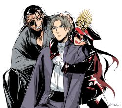 Rule 34 | 10s, 1girl, 2boys, arm around shoulder, beard, black hair, brown hair, crossover, drifters, expressionless, eyepatch, facial hair, fangs, fate (series), grin, hat, heshikiri hasebe, historical connection, japanese clothes, koha-ace, long hair, military, military uniform, multiple boys, multiple crossover, name connection, oda nobunaga (drifters), oda nobunaga (fate), oda nobunaga (koha-ace), peaked cap, red eyes, ruffling hair, seiza, shako cap, simple background, sitting, smile, twitter username, uniform, white background