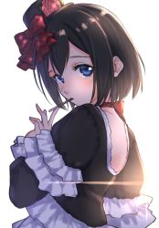 Rule 34 | 1girl, backlighting, black dress, black hair, black hat, blue eyes, blush, bow, closed mouth, commentary request, dress, flower, food in mouth, hair bow, hat, hat flower, head tilt, highres, long sleeves, looking at viewer, looking to the side, mini hat, mini top hat, mouth hold, original, pink flower, pink rose, pocky day, red bow, rose, short hair, simple background, solo, suzunari shizuku, tilted headwear, top hat, upper body, white background, yuki arare
