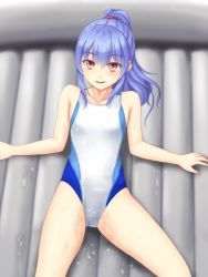Rule 34 | 1girl, alternate costume, alternate hairstyle, bare shoulders, blue hair, collarbone, competition swimsuit, cowboy shot, hinanawi tenshi, inflatable raft, isaki (gomi), long hair, lying, on back, one-piece swimsuit, parted lips, ponytail, pussy juice, red eyes, smile, solo, swimsuit, touhou, wet, white one-piece swimsuit