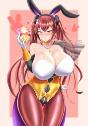 Rule 34 | 1girl, absurdres, animal ears, bare shoulders, blush, border, breasts, choker, cleavage, closed mouth, collarbone, condom, detached sleeves, easter, easter egg, egg, eyelashes, fake animal ears, female focus, fire emblem, fire emblem awakening, fire emblem heroes, frilled choker, frills, gloves, heart, highres, holding, holding condom, holding egg, huge breasts, jewelry, legs together, leotard, lips, long hair, looking at viewer, necklace, nintendo, official alternate costume, pantyhose, rabbit ears, red eyes, red hair, severa (fire emblem), smile, solo, standing, strapless, strapless leotard, suppuri, twintails