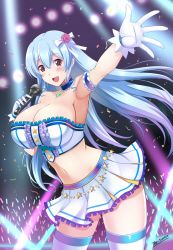 Rule 34 | 1girl, aqua eyes, arm up, armpits, bare shoulders, blue hair, blush, breasts, brown eyes, hair ornament, hair ribbon, highres, huge breasts, idol, long hair, looking at viewer, midriff, navel, ribbon, skirt, smile, solo, standing, the-sinnerz, thighhighs, white thighhighs