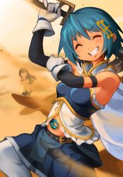 Rule 34 | 2girls, absurdres, aiming, armpits, arms up, belt, belt buckle, black hair, blue hair, blue skirt, blush, bow, bowtie, breasts, buckle, cape, closed eyes, cloud, detached sleeves, elbow gloves, fang, fortissimo, gloves, grin, gun, hair ornament, hairpin, hand on own arm, highres, holding, holding sword, holding weapon, jewelry, khyle., long hair, long sleeves, magical girl, mahou shoujo madoka magica, mahou shoujo madoka magica (anime), mahou shoujo madoka magica movie 1 &amp; 2, medium breasts, midriff, miki sayaka, mitakihara school uniform, multiple girls, musical note, musical note hair ornament, red bow, red bowtie, sand, school uniform, short hair, skirt, smile, solo, soul gem, sword, teeth, thighhighs, weapon, white cape, white gloves, white thighhighs, wind, zettai ryouiki
