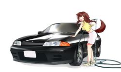 Rule 34 | 1girl, ^ ^, animal ears, blouse, bone hair ornament, brown hair, car, closed eyes, dog ears, dog girl, dog tail, fang, hair ornament, highres, holding, holding hose, hololive, hose, inugami korone, motor vehicle, nissan, nissan skyline, nissan skyline r32, open mouth, shioame (seacandy00), shirt, skin fang, smile, solo, tail, vehicle focus, virtual youtuber, washing vehicle, water, white background, white shirt, yellow shirt
