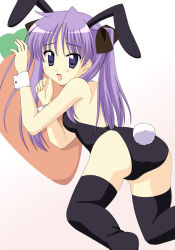 Rule 34 | 1girl, animal ears, bare shoulders, blue eyes, chobi (angel), cosplay, fake animal ears, fake tail, gradient background, hiiragi kagami, leotard, long hair, lucky star, no shoes, playboy bunny, purple hair, rabbit, rabbit ears, simple background, solo, tail, thighhighs, twintails