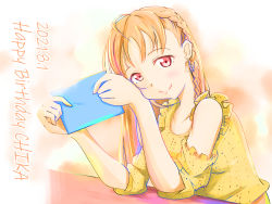 Rule 34 | 1girl, alternate hairstyle, artist name, artist request, bare shoulders, blush, braid, breasts, dress, earrings, elbow on table, female focus, highres, holding, holding letter, jewelry, letter, long braid, long hair, looking at viewer, love live!, love live! sunshine!!, medium breasts, orange hair, parted lips, red eyes, short sleeves, side braid, single braid, smile, solo, table, takami chika, upper body, yellow dress