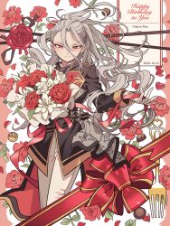 Rule 34 | bad id, bad pixiv id, black jacket, bouquet, character name, ensemble stars!, floral background, flower, fork, grey hair, hair between eyes, happy birthday, highres, holding, holding bouquet, jacket, long hair, long sleeves, looking at viewer, male focus, meremero, open mouth, pants, ponytail, ran nagisa, red eyes, red flower, red rose, ribbon, rose, smile, standing, white flower, white pants