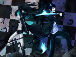 Rule 34 | 10s, 1boy, 1girl, ao no exorcist, bad id, bad pixiv id, belt, bikini, bikini top only, black bikini, black hair, black rock shooter, black rock shooter (character), blouse, blue eyes, checkered background, crossover, flame-tipped tail, flaming sword, flaming weapon, from side, frown, glowing, glowing eyes, holding, holding sword, holding weapon, noe noel, nowel, okumura rin, open mouth, pointy ears, scabbard, sheath, shirt, smile, standing, swimsuit, sword, tail, torn clothes, trait connection, twintails, weapon, white shirt