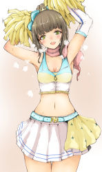Rule 34 | 10s, 1girl, :d, armpits, arms up, bare shoulders, belt, blunt bangs, blush, bow, breasts, breath, brown hair, buckle, cheerleader, cowboy shot, crop top, elbow gloves, fringe trim, gloves, green eyes, hair bow, hair bun, hamaguchi ayame, haruyuki, head tilt, highres, idolmaster, idolmaster cinderella girls, legs together, looking at viewer, midriff, navel, nose blush, open mouth, pleated skirt, pom pom (cheerleading), scarf, single glove, single hair bun, skirt, small breasts, smile, solo, standing, tank top, thigh gap, white skirt, wide hips