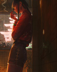 Rule 34 | 1girl, between fingers, black hair, black shorts, blood, braid, cigarette, closed mouth, commentary, earrings, guweiz, highres, holding, indoors, jacket, jewelry, long hair, long sleeves, neon lights, original, profile, red jacket, short shorts, shorts, single braid, solo, symbol-only commentary, tile wall, tiles, window