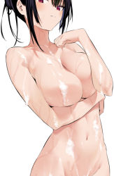 Rule 34 | 1girl, black hair, blush, breasts, collarbone, convenient censoring, haitekudasai takamine-san, hiiragi yuuichi, large breasts, long hair, looking at viewer, navel, nude, out-of-frame censoring, red eyes, simple background, soap bubbles, soap censor, solo, standing, takamine takane, wet, white background