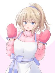 Rule 34 | 1girl, alternate costume, alternate hairstyle, apron, blue eyes, breasts, brown hair, highres, kantai collection, light brown hair, long hair, long sleeves, looking at viewer, medium breasts, mittens, open mouth, pink sweater, ponytail, ranger (kancolle), shizuna kaede, smile, solo, sweater