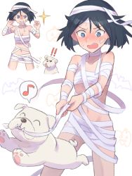 Rule 34 | 1girl, bandages, bandaid, bandaid on face, black hair, blue eyes, blush, brave witches, breasts, collarbone, dog, gluteal fold, grin, hato ni olive teppou, highres, kanno naoe, looking at viewer, multiple views, mummy costume, navel, short hair, simple background, small breasts, smile, white background, world witches series