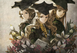 Rule 34 | 3girls, baiguiyu, black eyes, blunt bangs, book, braid, brown hair, closed mouth, expressionless, final fantasy, final fantasy xiv, flower, green jacket, grey background, hat, jacket, light smile, long hair, looking at viewer, looking away, looking back, looking to the side, medal, multiple girls, open book, parted lips, pointy ears, pouch, shirt, yellow shirt