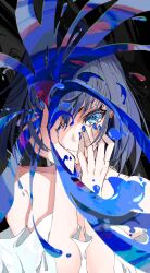 Rule 34 | 1girl, abstract, bare shoulders, black background, black hair, blue eyes, blue hair, blue nails, colorful, frown, hair intakes, highres, hololive, hololive english, liquid, looking at viewer, mouchu, multicolored hair, nail, nail polish, ouro kronii, short hair, simple background, solo, upper body, virtual youtuber