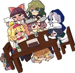 6+girls :d akira_(cookie) alcohol alice_margatroid anchor_symbol animal_ears beer beer_mug black_hair blonde_hair blue_eyes blue_hood blunt_bangs brown_hair chair cheese cho_cola_star closed_eyes colored_skin cookie_(touhou) cup eating fake_nyon_(cookie) flour_(cookie) food full_body green_hair grey_hair hair_over_one_eye hairband hakurei_reimu hood hood_up ichigo_(cookie) kazami_yuuka kirisame_marisa kumoi_ichirin looking_at_viewer milk_(cookie) mouse_ears mouse_girl mug multiple_girls murasa_minamitsu napkin napkin_holder nazrin nyon_(cookie) open_mouth red_eyes red_hairband rurima_(cookie) sake sapporo_beer short_hair simple_background sitting smile standing suzu_(cookie) table tearing_up touhou transparent_background under_table v-shaped_eyebrows white_skin