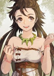 Rule 34 | 1girl, bare shoulders, body markings, breasts, brown eyes, brown hair, cleavage, dress, facial mark, fate/grand order, fate (series), forehead, forehead mark, highres, himiko (fate), himiko (first ascension) (fate), jewelry, large breasts, long hair, magatama, magatama necklace, necklace, open mouth, rokuo016, sash, sideboob, smile, solo, topknot, twintails, white dress