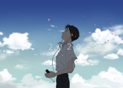 Rule 34 | 1boy, belt, black belt, black eyes, black hair, blouse, closed mouth, cloud, cloudy sky, collar, collared shirt, commentary request, dated, day, earphones, from side, highres, holding, ikari shinji, looking up, male focus, neon genesis evangelion, outdoors, pants, rebuild of evangelion, ri0, school uniform, shadow, shirt, short sleeves, sky, smile, solo, standing, tokyo-3 middle school uniform, uniform, upper body, white shirt, wind