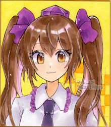 Rule 34 | 1girl, 2zuz4hru, :3, black necktie, brown eyes, brown hair, checkered background, closed mouth, commentary request, frilled shirt collar, frills, hair ribbon, hat, highres, himekaidou hatate, looking at viewer, marker (medium), necktie, puffy short sleeves, puffy sleeves, purple hat, purple ribbon, ribbon, shirt, short sleeves, simple background, solo, tokin hat, touhou, traditional media, twintails, white background, white shirt