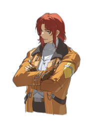 Rule 34 | 1boy, absurdres, belt, blue eyes, brown gloves, coat, commentary request, cropped torso, crossed arms, curtained hair, eien galaxy ko, eiyuu densetsu, fingerless gloves, gloves, highres, male focus, medium hair, open mouth, orange coat, randolph orlando, red hair, shirt, simple background, solo, standing, teeth, white background, white shirt, zero no kiseki