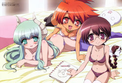 Rule 34 | 00s, 3girls, absurdres, aqua eyes, artbook, bare shoulders, bed, blush, bow, bra, braid, breast hold, breasts, brown hair, cleavage, covering breasts, covering privates, falce, glasses, hasegawa suzuho, highres, horns, lingerie, long hair, magician&#039;s academy, medium breasts, multiple girls, non-web source, orange hair, panties, purple eyes, red eyes, short hair, silver hair, single braid, small breasts, striped bra, striped clothes, striped panties, tanarot, thighhighs, topless, underwear, underwear only, very long hair