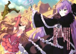 Rule 34 | 1boy, 2girls, black dress, breasts, brown eyes, brown hair, cleavage, collarbone, day, dress, elbow gloves, gloves, gothic lolita, green eyes, highres, holding, lolita fashion, long hair, louise francoise le blanc de la valliere, magic, multiple girls, novel illustration, official art, open mouth, outdoors, purple hair, red dress, red gloves, red legwear, small breasts, thighhighs, usatsuka eiji, zero no tsukaima