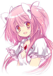 Rule 34 | 10s, 1girl, bow, breasts, brooch, cleavage, collarbone, dress, gem, hair bow, hair ribbon, izumi rei, jewelry, kaname madoka, layered sleeves, long hair, mahou shoujo madoka magica, mahou shoujo madoka magica (anime), pink hair, ribbon, small breasts, smile, solo, spoilers, twintails, two side up, ultimate madoka, white background, white dress, yellow eyes
