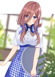 Rule 34 | 1girl, :o, absurdres, apron, blue eyes, blue skirt, blurry, blurry background, blurry foreground, blush, breasts, brown hair, collared shirt, commentary request, depth of field, dress shirt, dutch angle, gingham, go-toubun no hanayome, hair between eyes, headphones, headphones around neck, highres, holding, holding tray, izumo neru, large breasts, long hair, looking at viewer, nakano miku, parted lips, shirt, short sleeves, skirt, solo, tray, uniform, waitress, white shirt