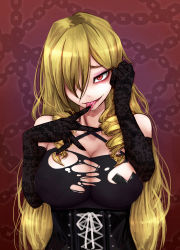 Rule 34 | 1girl, aurelia (dorei to no seikatsu), bare shoulders, blonde hair, breasts, cleavage, cross pasties, dorei to no seikatsu ~teaching feeling~, drill hair, female focus, hair over one eye, highres, huge breasts, long hair, looking at viewer, pasties, ray-k, red eyes, saliva, see-through, smile, solo, tape, tape on nipples, tongue, tongue out, torn clothes