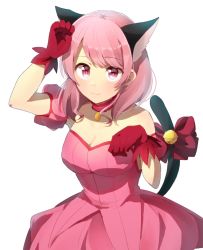 Rule 34 | 1girl, animal ears, bang dream!, bell, bow, breasts, cat ears, cat tail, cleavage, collar, detached sleeves, dress, gloves, harusawa, jingle bell, long hair, looking at viewer, maruyama aya, medium breasts, paw pose, pink collar, pink dress, pink eyes, pink hair, red bow, red gloves, simple background, smile, solo, strapless, strapless dress, tail, tail bell, tail bow, tail ornament, tokyo mew mew, white background