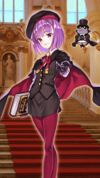 Rule 34 | 1girl, alternate costume, black cape, black gloves, black hat, black jacket, black skirt, black vest, blush, book, cape, commentary request, creature, fate/grand order, fate (series), feet out of frame, gloves, hat, helena blavatsky (fate), highres, holding, holding book, indoors, jacket, long sleeves, looking at viewer, matsuryuu, medal, multicolored cape, multicolored clothes, pantyhose, pencil skirt, purple eyes, purple hair, red cape, red pantyhose, shirt, short hair, skirt, smile, solo, stairs, standing, vest, white shirt