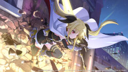 Rule 34 | 1girl, armored gloves, assault lily, bardiche (nanoha), bardiche (straight saber form) (nanoha), blonde hair, building, cape, debris, energy sword, fate testarossa, fate testarossa (blaze iii), full body, holding, holding sword, holding weapon, lyrical nanoha, magical girl, mahou shoujo lyrical nanoha detonation, official art, on wall, red eyes, solo, squatting, sword, thighhighs, twintails, two-sided cape, two-sided fabric, weapon