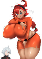 Rule 34 | 2girls, ?, absurdres, alternate breast size, blue eyes, blush stickers, breasts, closed mouth, collarbone, covered erect nipples, cowboy shot, dark-skinned female, dark skin, drooling, gundam, gundam suisei no majo, hairband, highres, huge breasts, inverted nipples, long hair, long sleeves, mee don, military, military uniform, miorine rembran, multiple girls, open mouth, orange shirt, red hair, shiny skin, shirt, shorts, silver hair, simple background, skin tight, standing, suletta mercury, teeth, thick eyebrows, thick thighs, thighs, uniform, upper body, upper teeth only, white background, wide hips
