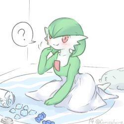 Rule 34 | 1girl, :t, ?, artist name, blush, bob cut, candy, chewing, closed mouth, collarbone, colored skin, creatures (company), eating, female focus, flat chest, food, full body, game freak, gardevoir, gen 3 pokemon, green hair, green skin, gulpin, hand up, indoors, jar, looking at viewer, lowres, mukaikaze, multicolored skin, nintendo, on floor, pokemon, pokemon (creature), rare candy, red eyes, short hair, signature, sitting, solo focus, speech bubble, split mouth, spoken question mark, twitter username, two-tone skin, wariza, white skin