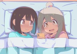 Rule 34 | 2girls, absurdres, ahoge, artist name, bambi2000line, blue hair, blunt bangs, blunt ends, brown eyes, brown hair, colored inner hair, commentary, futon, grey hair, hair between eyes, highres, holding, holding phone, hozuki momiji, long hair, looking at another, lying, multicolored hair, multiple girls, onii-chan wa oshimai!, open mouth, oyama mahiro, phone, pillow, short hair, smile, two-tone hair, under covers