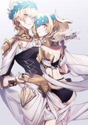 Rule 34 | 1boy, 1girl, armlet, armor, ass, black shirt, blonde hair, blue eyes, bracer, breasts, bridal gauntlets, brother and sister, castor (fate), closed mouth, collar, diadem, fate/grand order, fate (series), gradient background, grey background, highres, holding hands, looking back, medium hair, metal collar, no-kan, parted lips, pauldrons, pollux (fate), robe, shirt, short hair, shoulder armor, siblings, small breasts, thighs, twins, white robe
